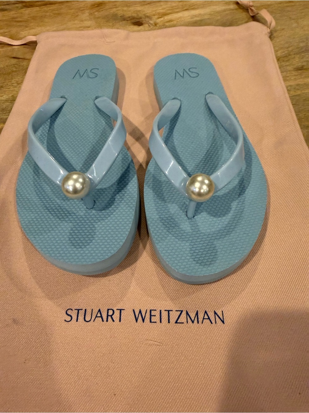 Stuart Weitzman Light Blue Pearl-Embellished Flip Flops
